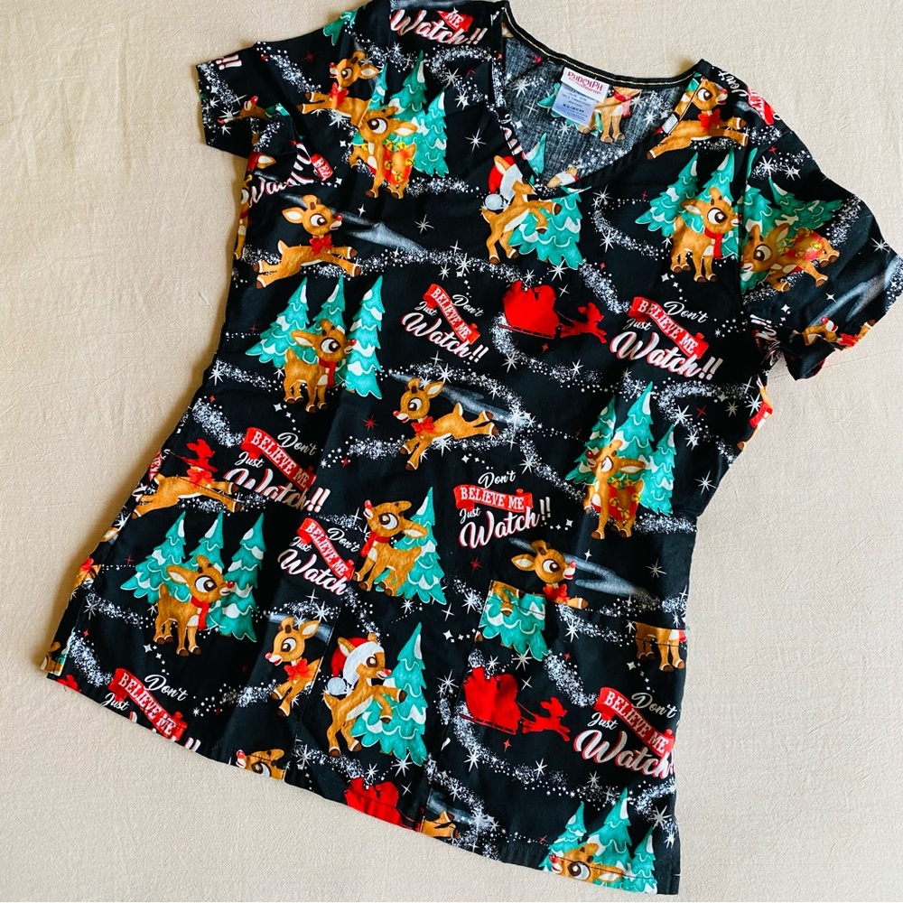 Rudolph Red Nosed Reindeer, Christmas Holiday Womens Scrub Top - Small